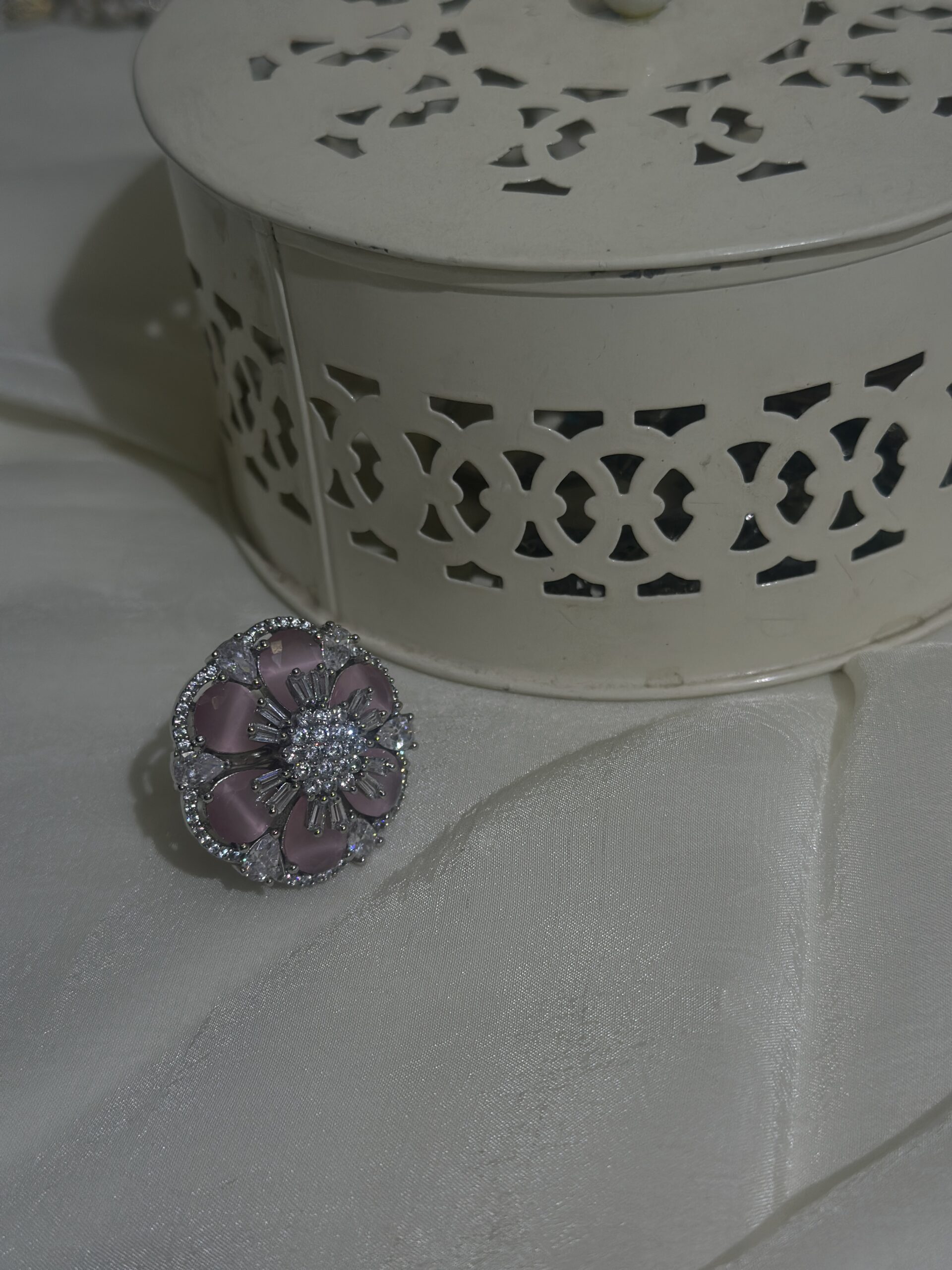 Blush Pink Floral Statement Ring with Crystal Detailing