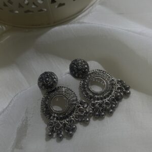 Oxidized Silver Floral Mirror Dangle Earrings