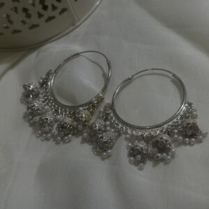 Silver-Toned Pearl Cluster Hoop Earrings (Traditional Jhumka Style)