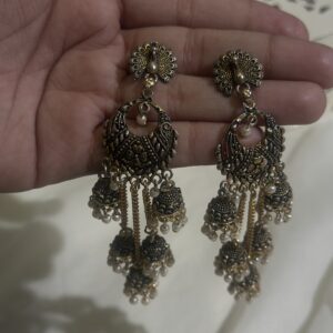 Antique Gold Peacock Chandbali Jhumka Earrings with Pearl Drops